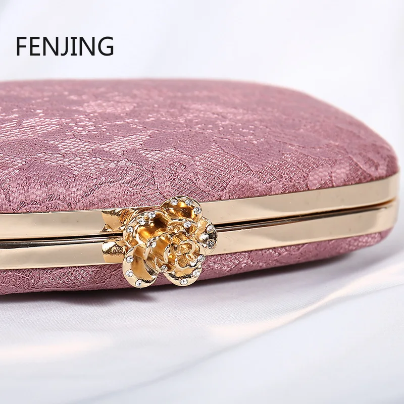 2023 Female Bag Pink Lace Evening Clutch Purse Handbags Luxury Designer Metal Rose Button Shoulder Bag Chain Bride Wallet Bolsas