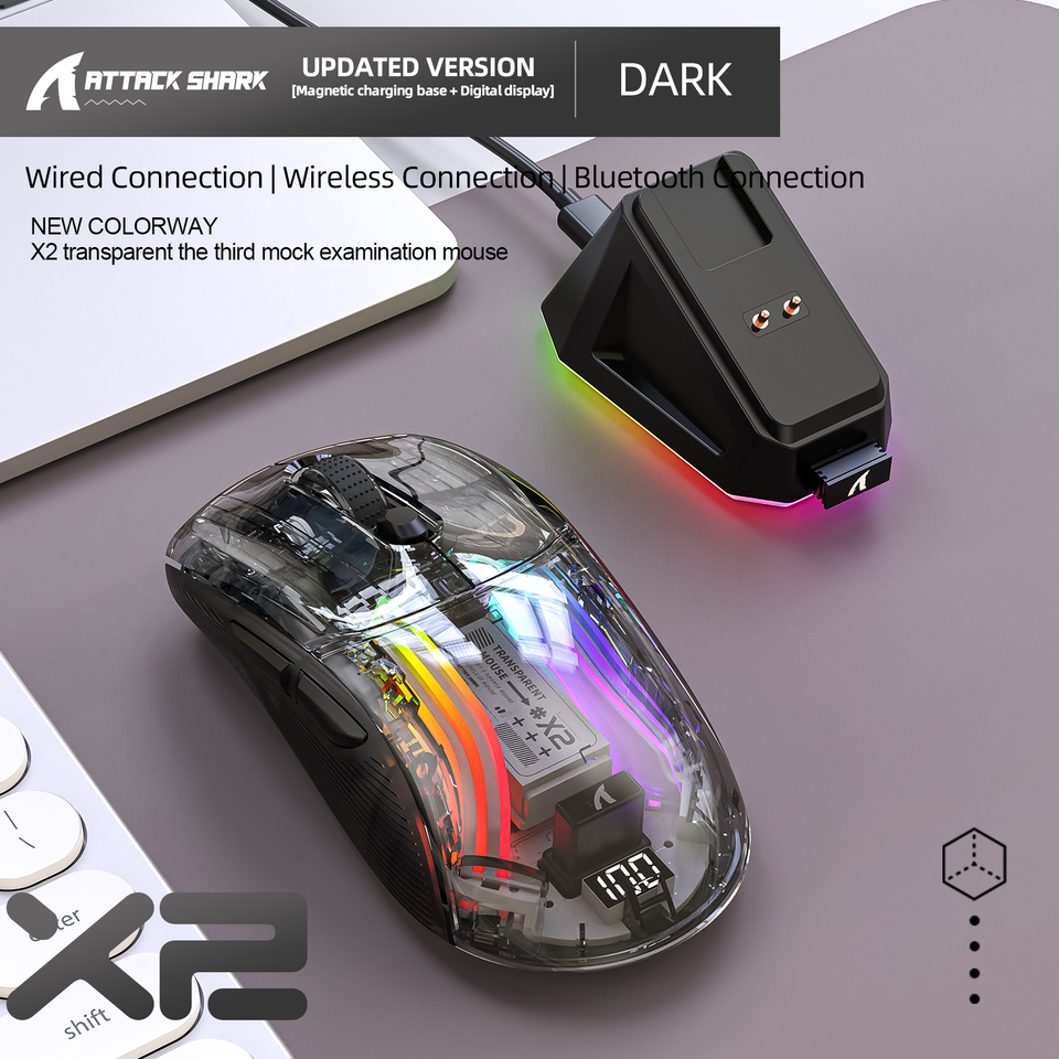  Attack Shark X2PRO Bluetooth Mouse, Tri-Mode , RGB Lights, Magnetic Charging ,Transparent, Battery Indicator, Computer Phone 