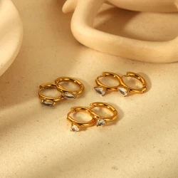 Women Fashion Elegant Heart Water-drop Zircon Huggies Earrings High Quality 18k Gold Plated Stainless Steel Jewelry