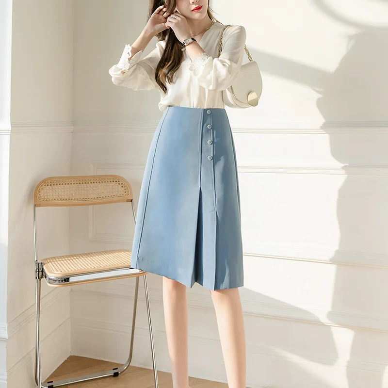 A Line Skirt Women Solid Color Casual Fashion Spring Summer Office Ladies Skirts High Street Simple OL Vintage Saias