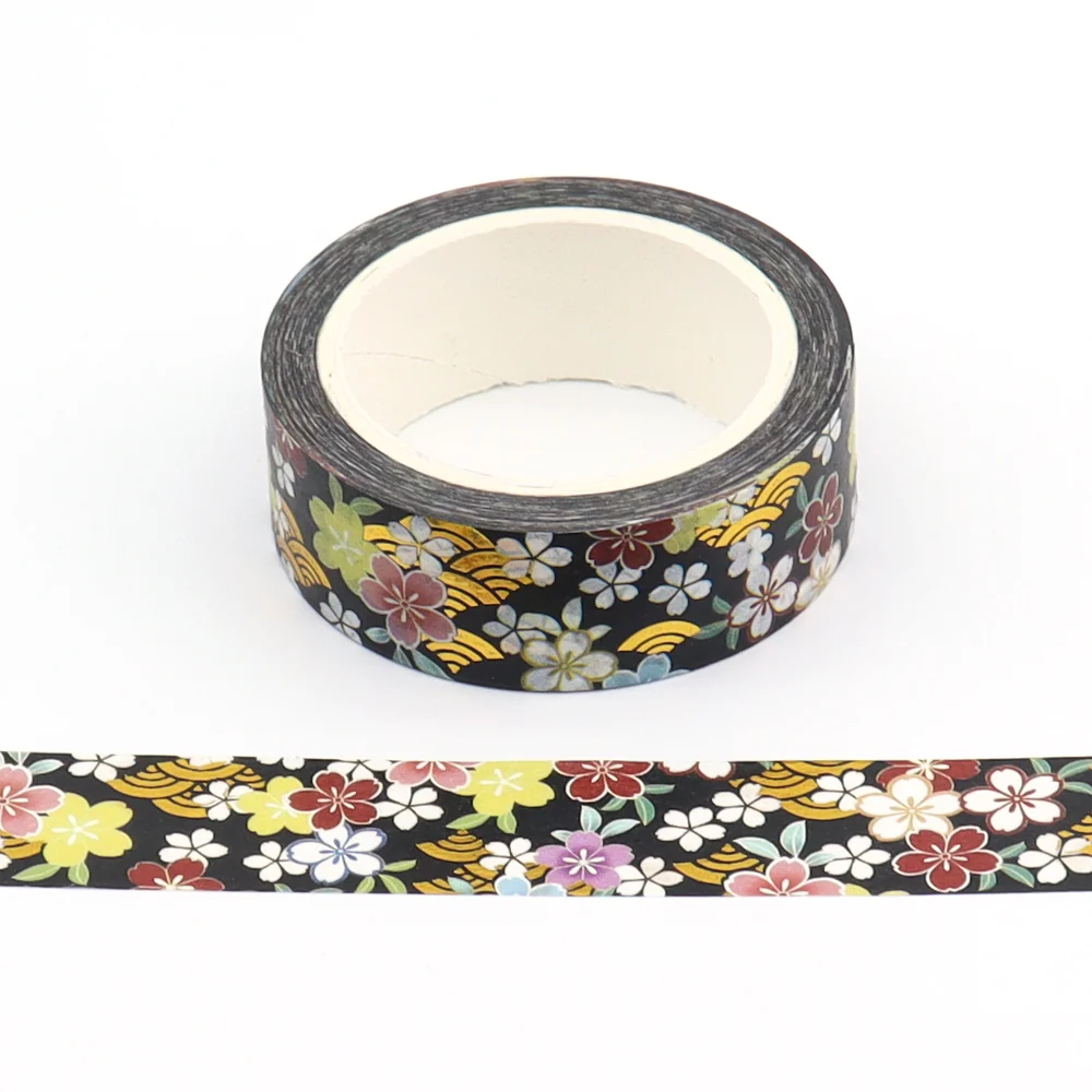 

1PC 15mm*10m Gold Foil Colorful Floral Washi Tape Adhesive Cute Stationery Supplies Washi Stickers