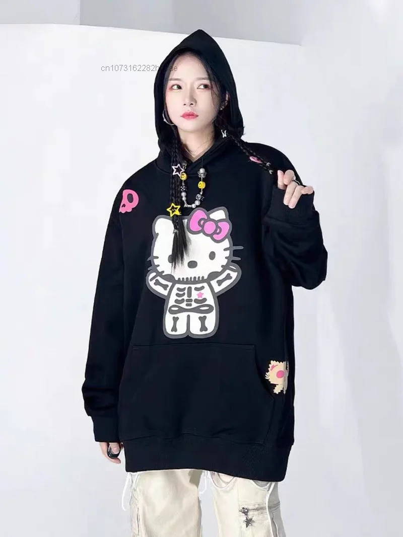 Sanrio Skeleton Hello Kitty Thick Hood Streetwear For Men And Women Winter 2000s Emo 2ky Goth Jumper Hoodie Grunge Sweatshirt