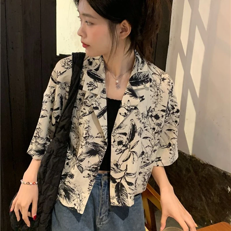 Vintage Print Short-sleeve Shirts Women Unisex Crop Loose Casual French Style Blouse Summer Holiday Ins All-match Outwear Tops