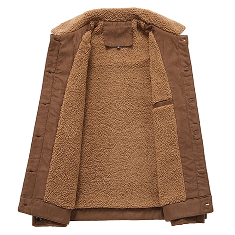 سترة من جلد الغزال بياقة سميكة للخريف والشتاء مقاس كبير لملابس العمل الدافئة للرجال، ملابس شتوية من صوف الضأن، سترة قطنية