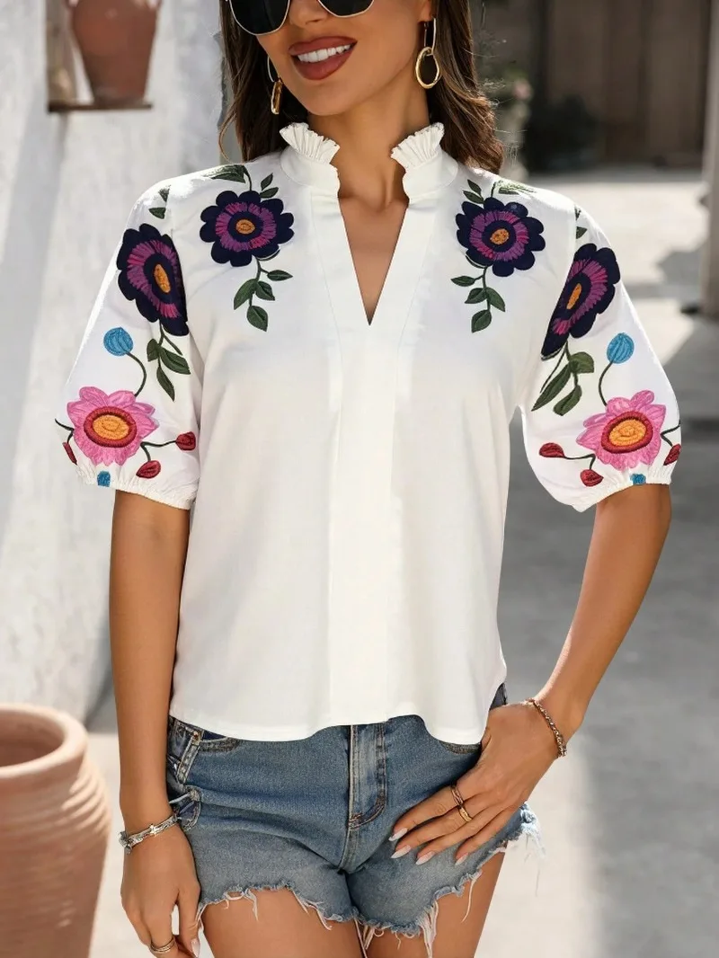 

2025 Spring/Summer New Fashion V-neck Bag Sleeve High Neck Printed Solid Color T-shirt Top for Women