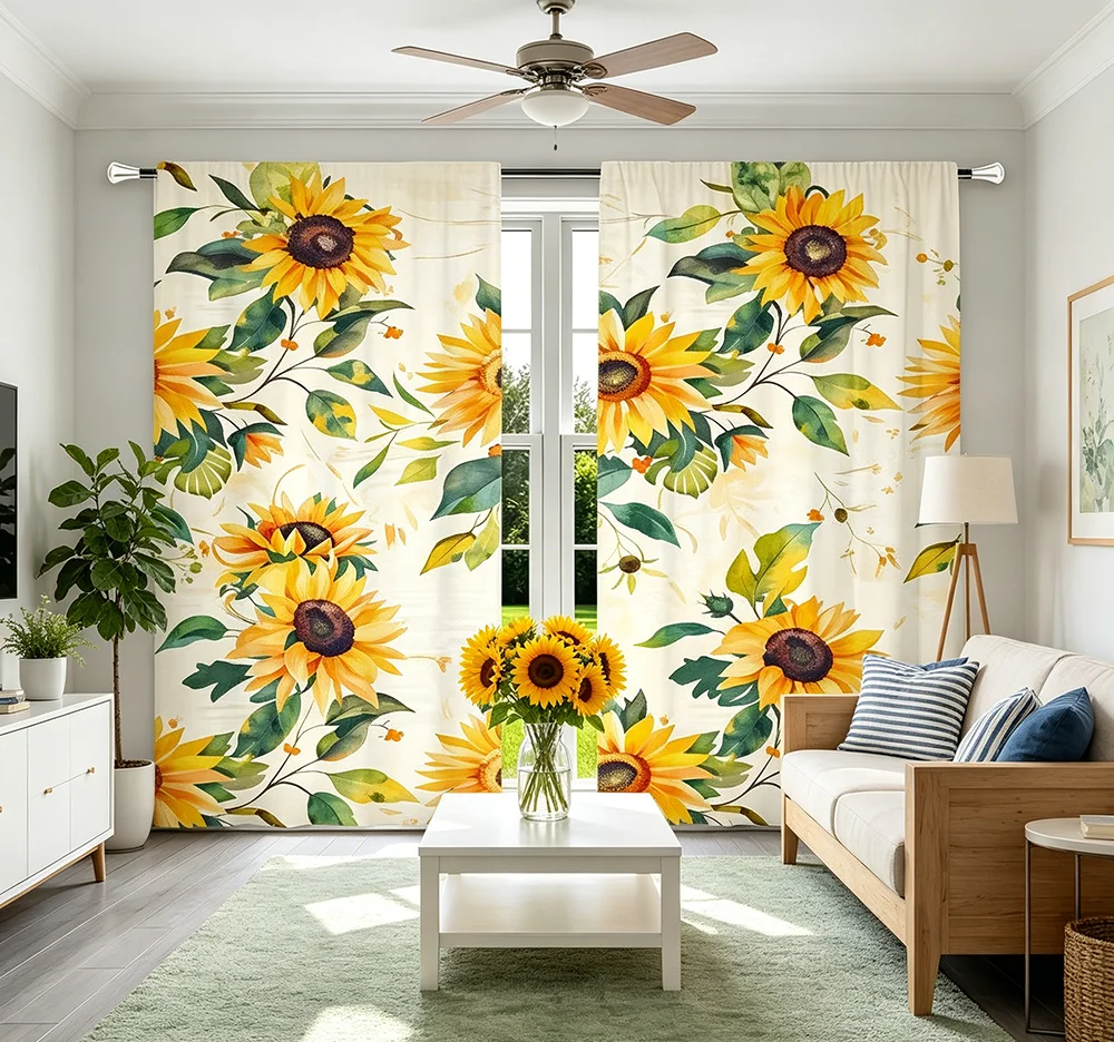 2 Stück Digital Bedruckte Vorhänge, Aquarell-Sonnenblumenmuster, Sonniger Ländlicher Stil für Wohnzimmer Schlafzimmer Küche Heim-Dekoration