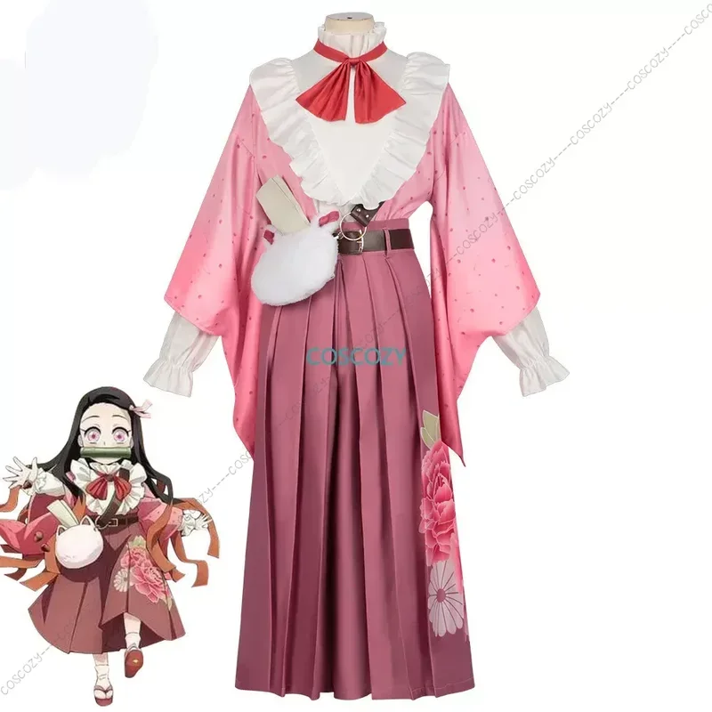 New arrival kamaado nezukko cosplay costume lady girls' birthday costume gifts new nezuko uniform bamboo wig bag pink full suit