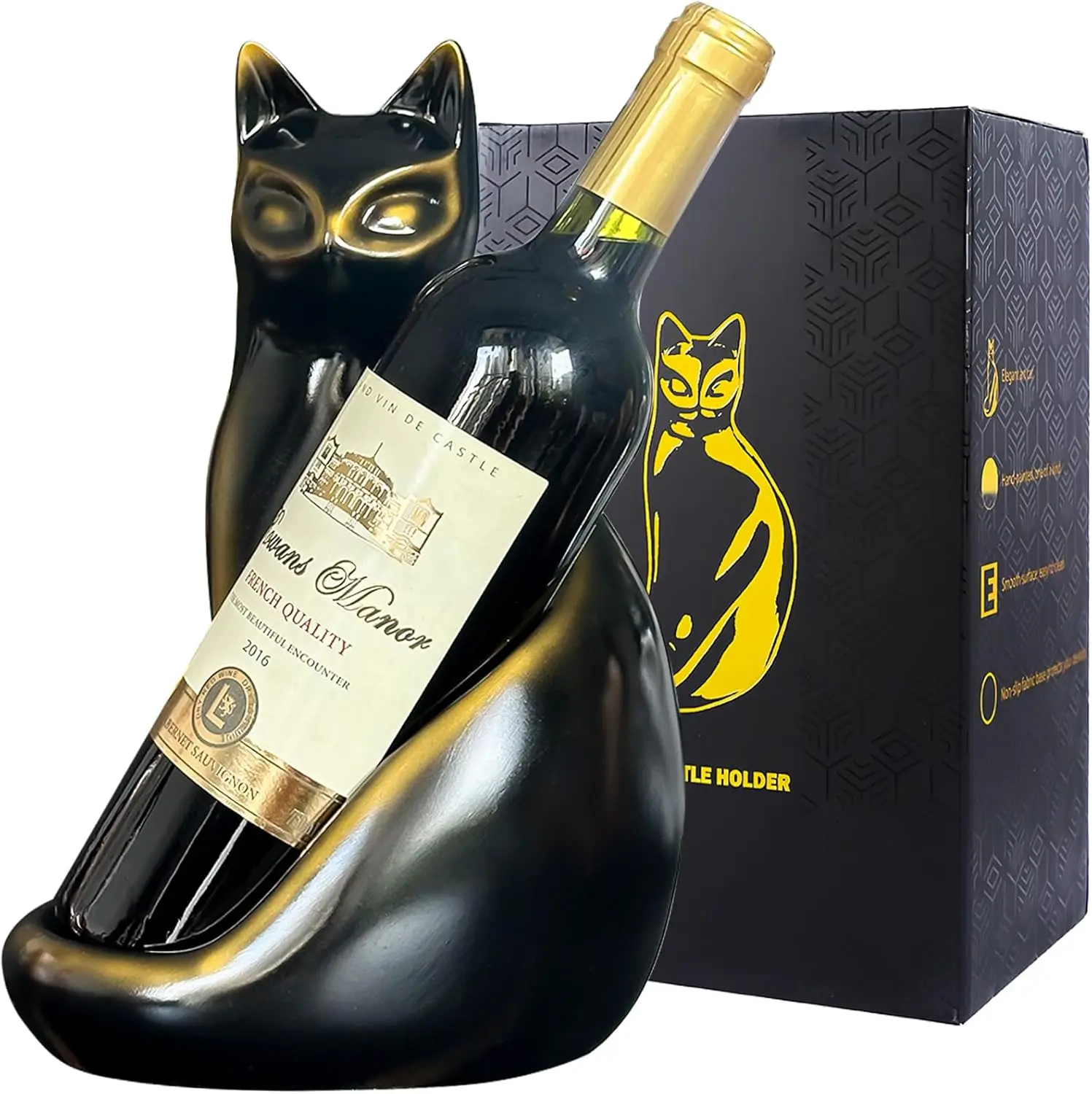 

Hand-Painted Cat Wine Bottle Holder, Decorative Tabletop Rack for Home Bar or Kitchen, Black