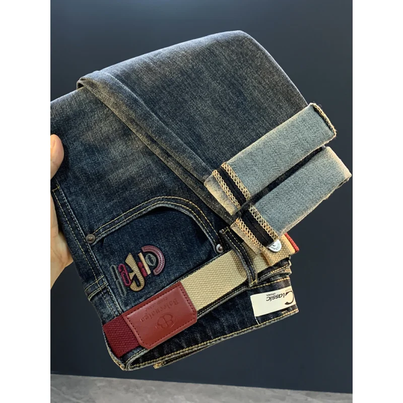 Осень 202, модные брендовые конические джинсы с вышивкой, мужские модные универсальные облегающие повседневные брюки с небольшой ногой