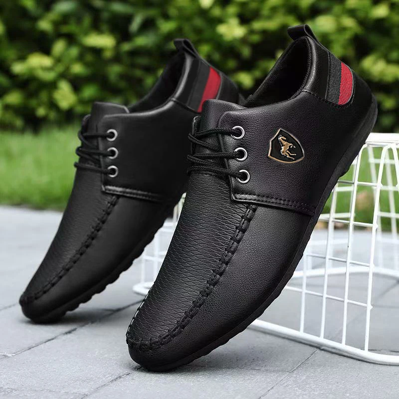 Men's loafers, featuring black and red accents - low-top lace-up design, breathable fabric lining and durable PVC sole, suitable