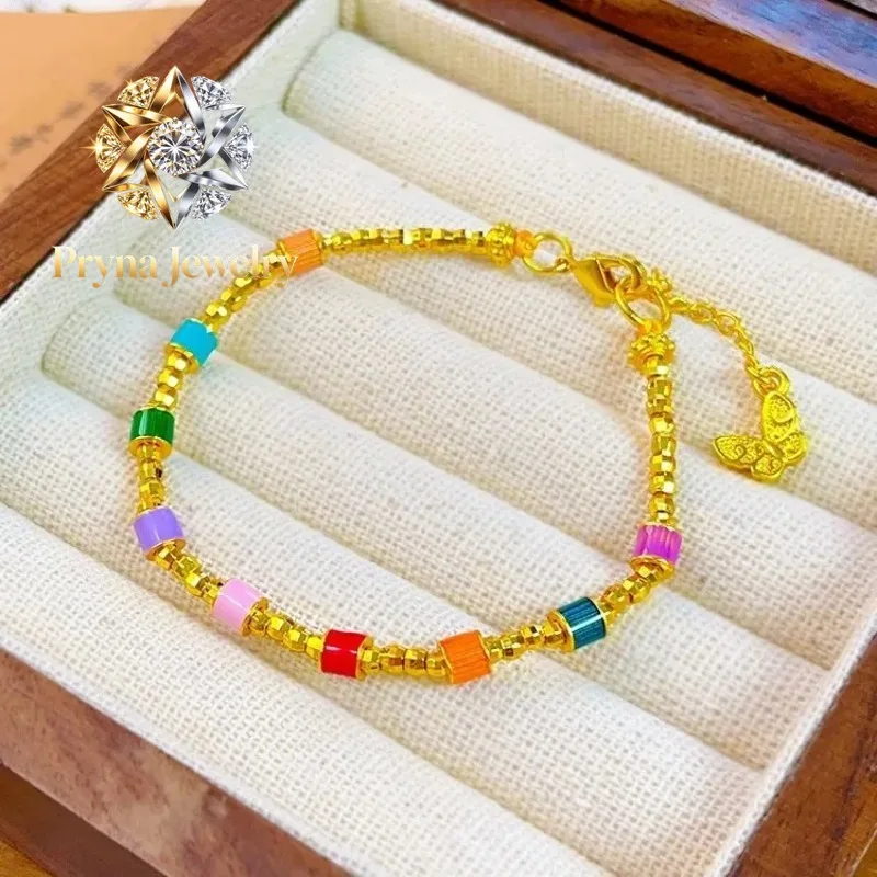 Pryna Jewelry   New Chinese 9999 24K real gold burnt blue enamel Bundy Bead Rainbow bracelet diy female transfer bead bracelet g