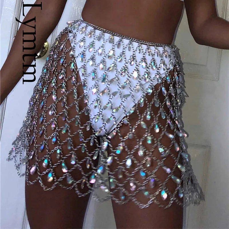 

Sexy Bling Gems Crystal Diamonds Skirt Woman Metal Chain Hollow Out Shiny Pendant Nightclub Festival Rave Party Beach Mini Skirt