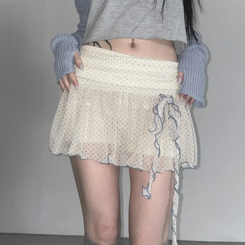 ฤดูร้อน Wave Point พิมพ์หวาน Fairy Mini กระโปรงน่ารักผ้าพันคอโบว์จีบกระโปรงสาว Y2K ความงามผู้หญิง Grunge Faldas