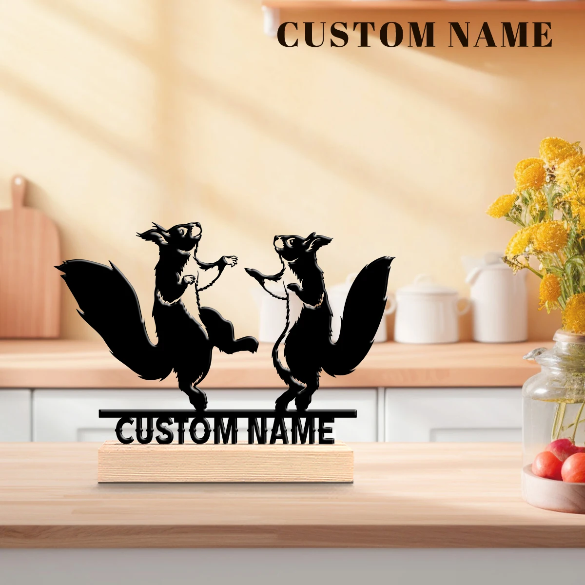 1pc Metal Ornaments with Customizable Names Custom Content Equipped with Wooden Base Housewarming Gift,Metal Ornament Decoration
