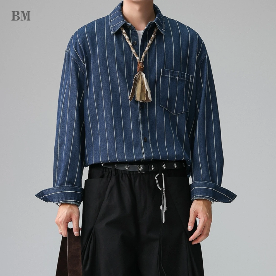 Mens Denim Shirt American Vintage Striped Long Sleeve Loose Collar Casual Jacket High Quality Trendy Spring Autumn Streetwear