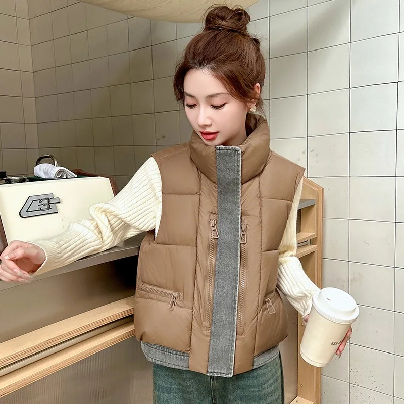 New Loose Cotton Vest Denim Patchwork Stand Collar Autumn Winter Cotton Vest Down-Filled Cotton Waistcoat Women's Outerwear