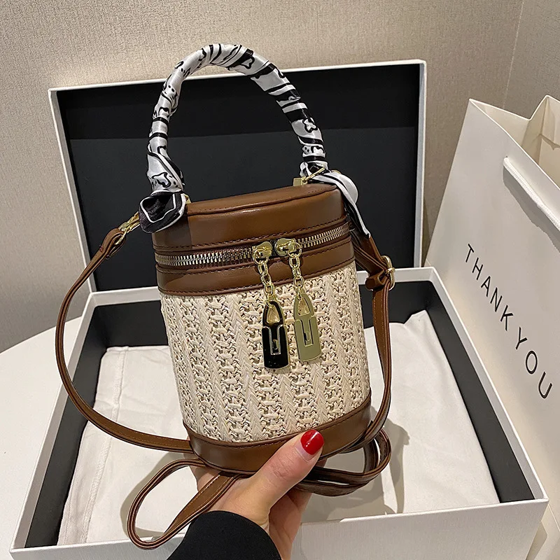 

New Summer Cylindrical Woven Small Bags Women's Popular Design This Year Crossbody Straw Woven Portable Bucket Bags