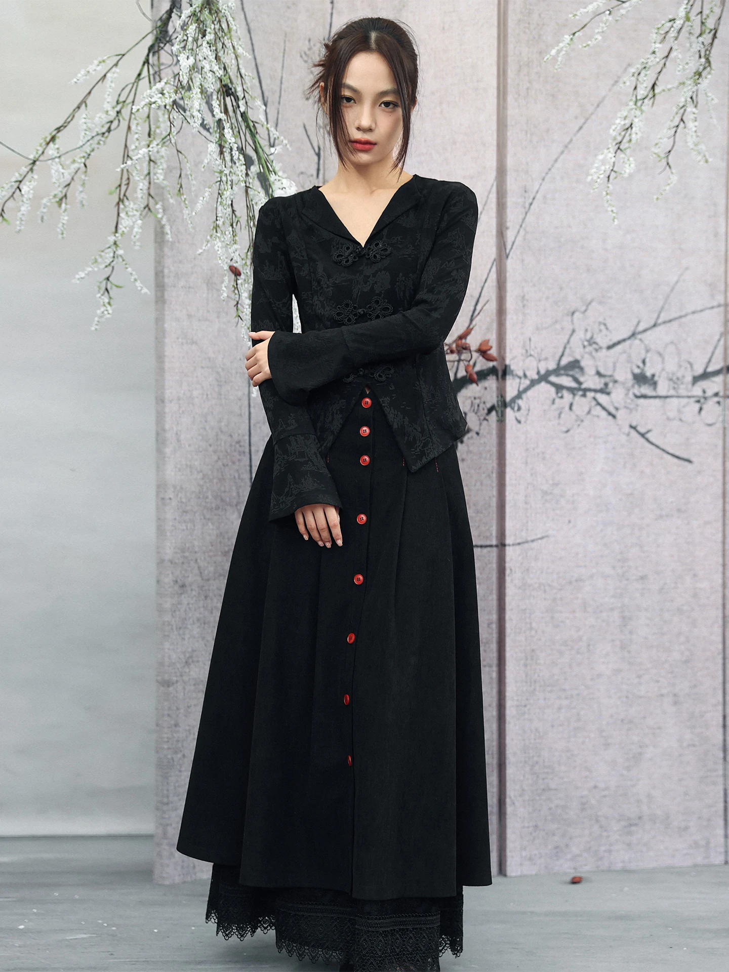 

Dark Velvet Skirt with Lace Patchwork for Women New Chinese Style High Waist A-Line Skirt Resistant to Deformation