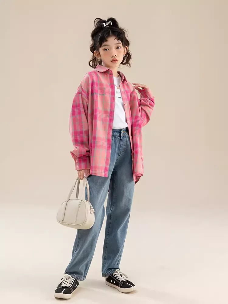 Girls' Checkered Shirt 2024 New Style Big Children's Spring and Autumn Fashionable Small Shirt