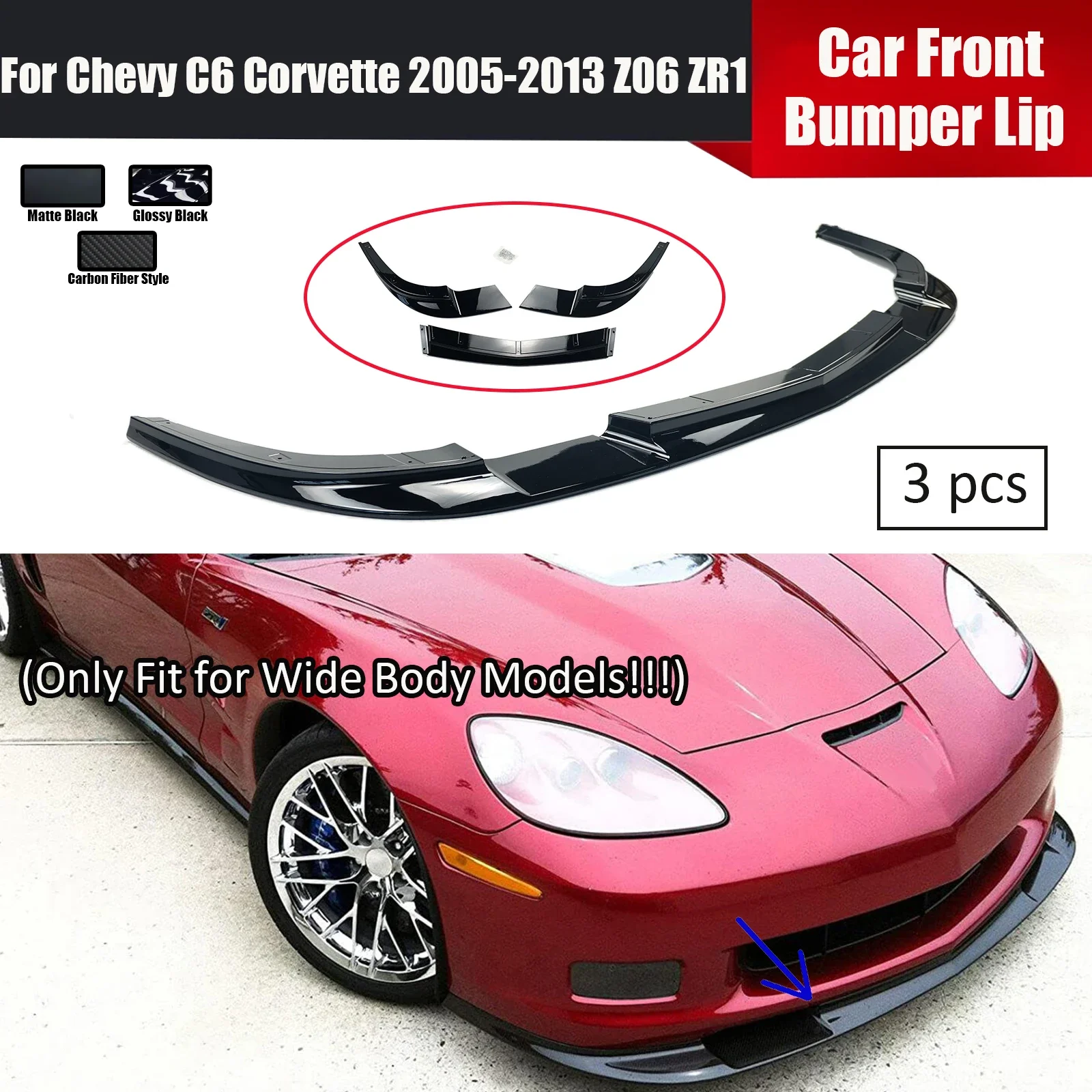 Car Front Bumper Lip For Chevy C6 Corvette 2005-2013 Z06 ZR1 Spoiler Splitter Wide Body Models Carbon Fiber Style  Glossy Black