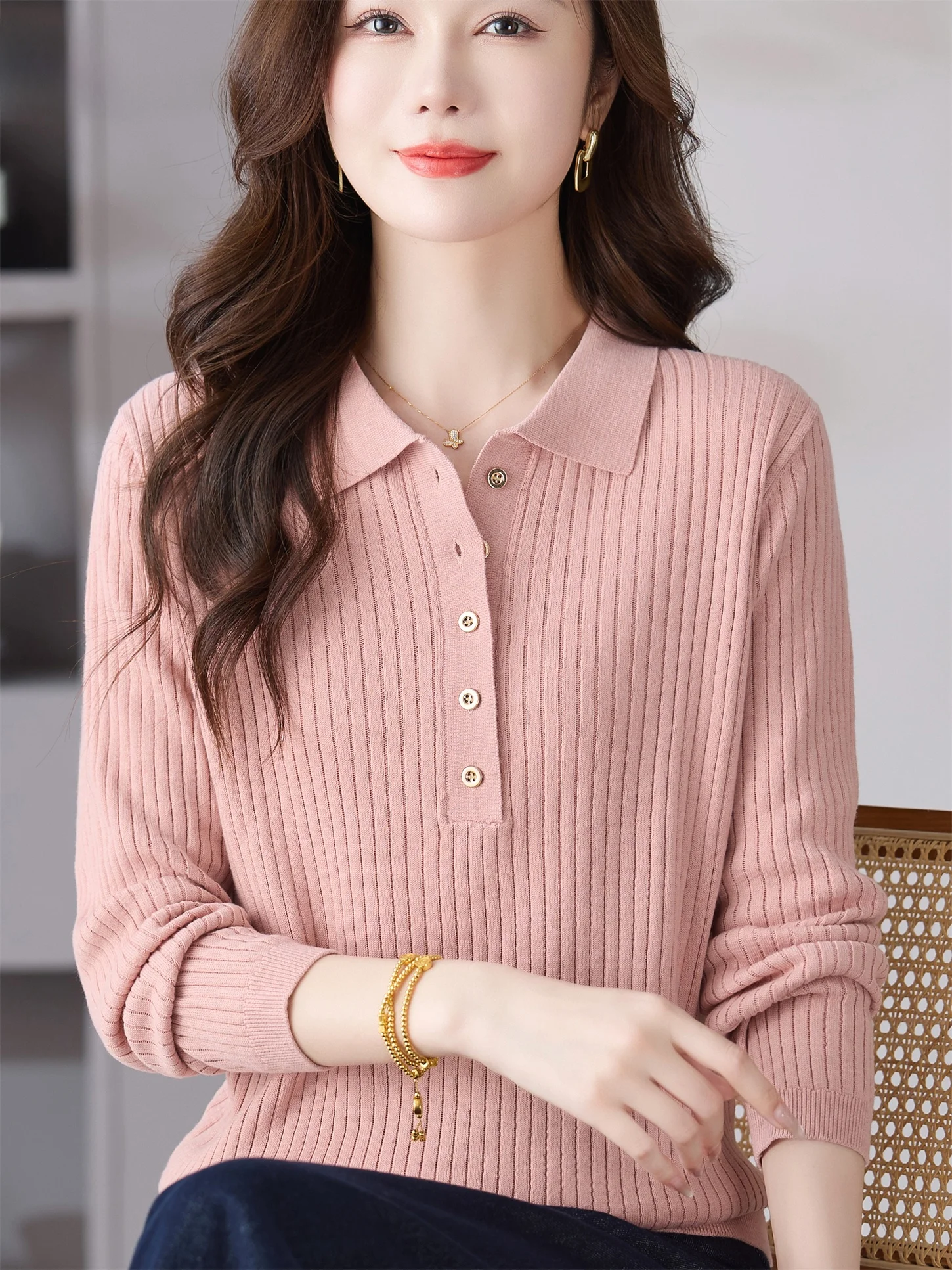 

Faionable Knitted Woolen T-irt for Young Mothers Loose Fit Anti-Aging Turn-down Collar Casual Wear for Middle-aged Women