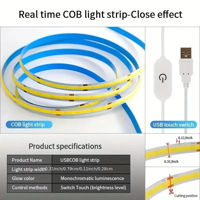 1m-5m USB COB LED Strip Light 5V 320LEDs/m DIY TV Mirror Backlight Elastyczna taśma wstążkowa Czujnik dotykowy Ściemnialna lampa do pokoju kuchennego