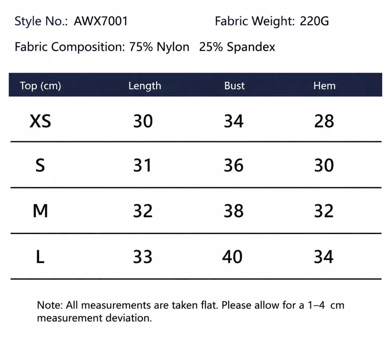 Size chart and fit details