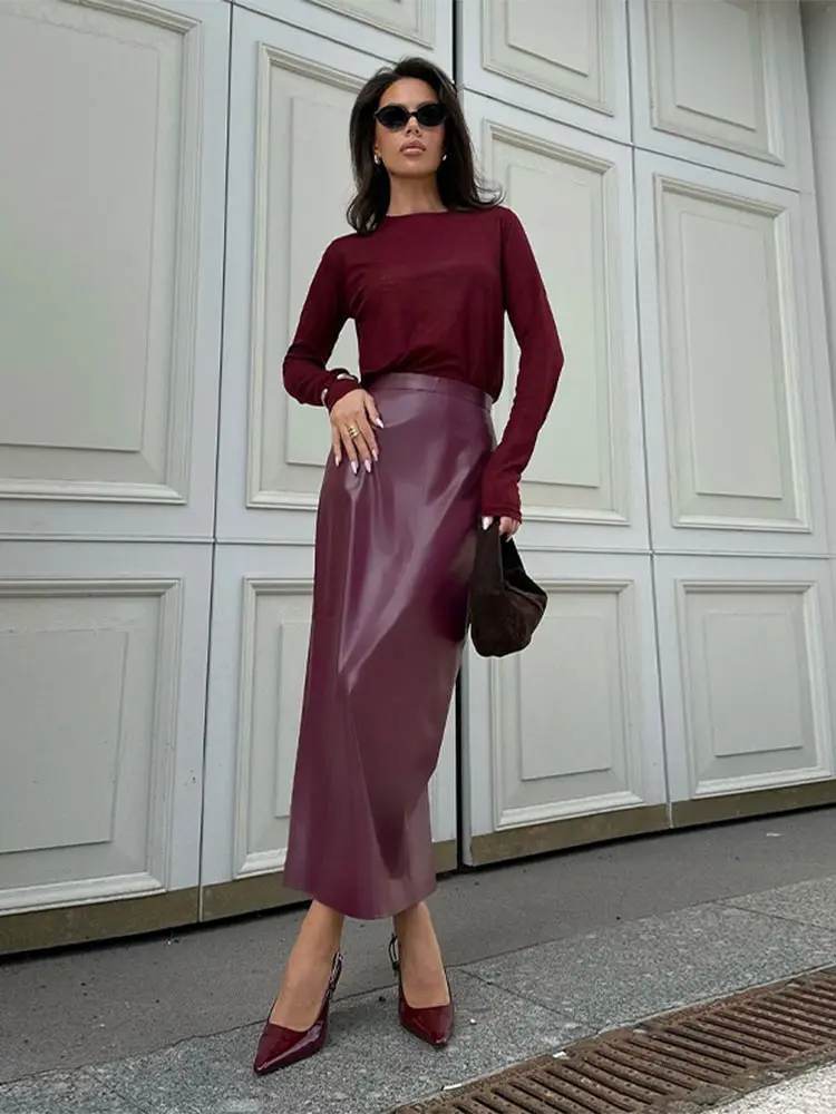 

Chic Solid Color Pu Leather Women's Skirt Vintage Autumn High Waist Fit Rear Fork Skirts Elegant Female Commuter Ladies Vestidos