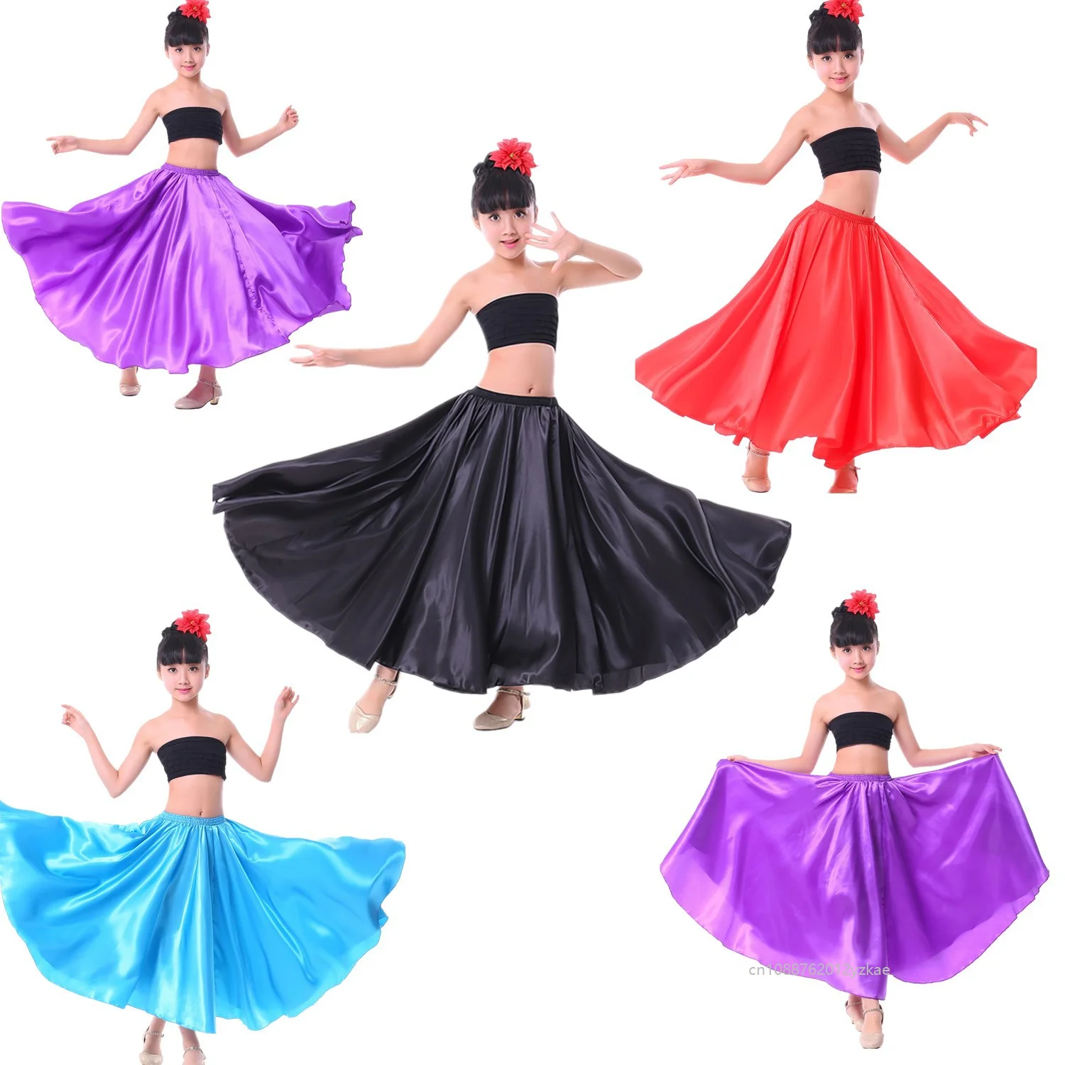 

Enfant Belly Dance Skirt Chica Satin Solid Color 720 Degree Dance Skirts Cosplay Gypsy Long Skirt Latin Dance Practice Clothes