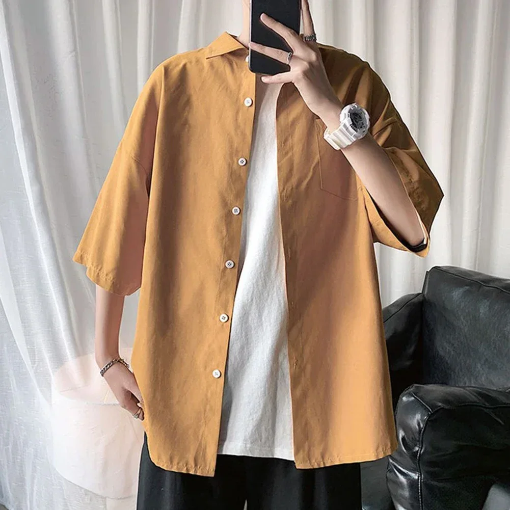 Summer Men Shirt Short Sleeve Solid Shirts For Man Vintage Harajuku Casual Oversized Blouses Fashion Men's Clothing Office Top