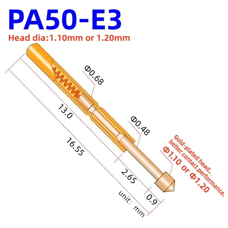 20/100PCS PA50-E3 Spring Test Probe PA50-E PCB Test Pin Test Tool 16.5mm Dia 0.68mm Gold Tip PogoPin P50-E P50-E3 1.10 or1.20mm