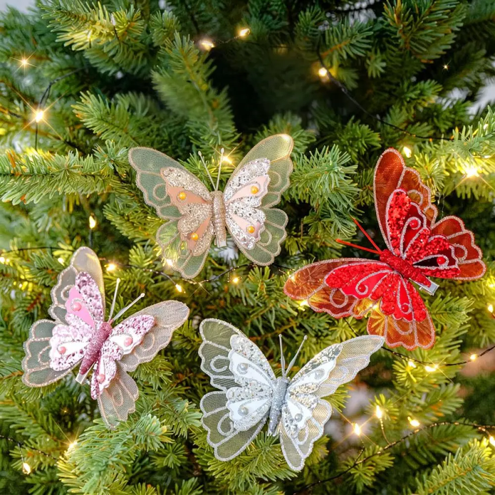 Sparkling Double Layer Butterfly Pendant Christmas Tree Decoration Shiny Artificial Insect Ornament Festive Holiday Supplies