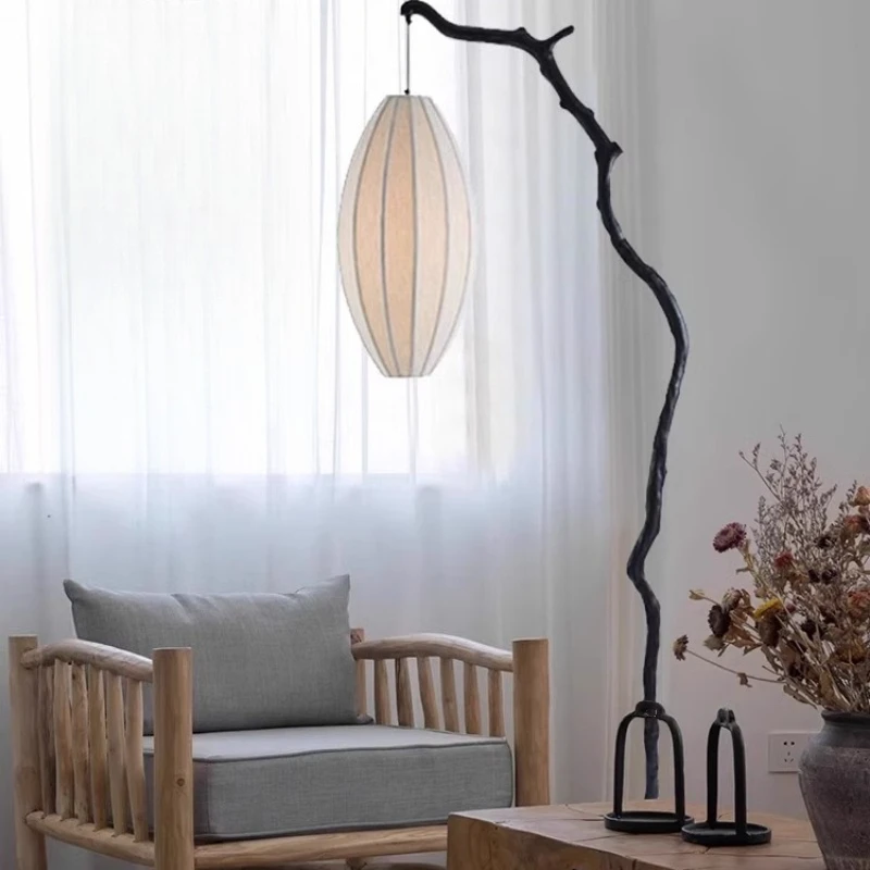 New Chinese Floor Lamp, Zen Retro Tea Room, Living Room Atmosphere Light, Silent Wind, Tree Branches, Fabric Lanterns, Fishing F