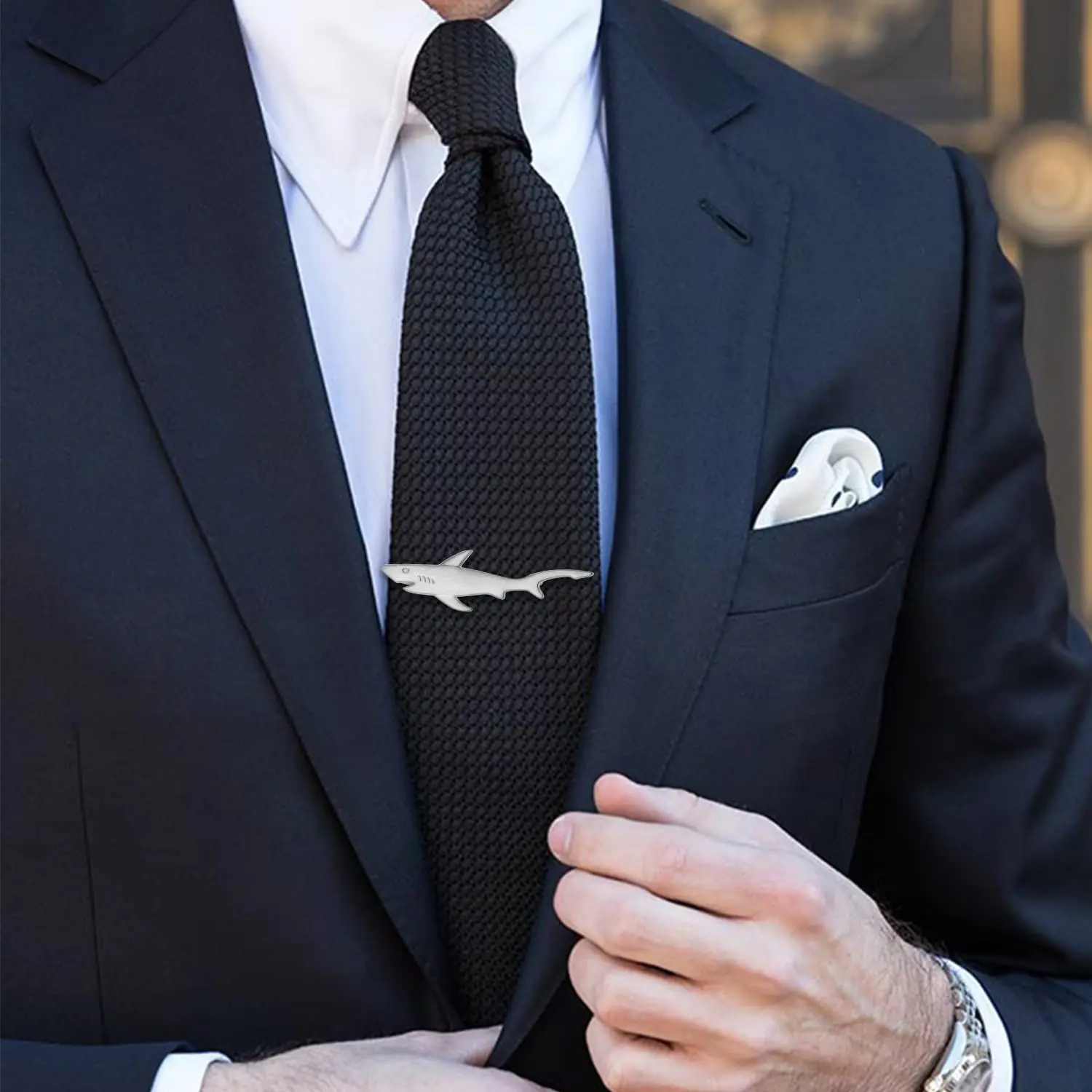 Shark Shape Tie Clip 2.44 Inch Brushed Silver Solid Brass Novelty Marine Animal Necktie Bar Clip Gift for Diving Ocean Lover