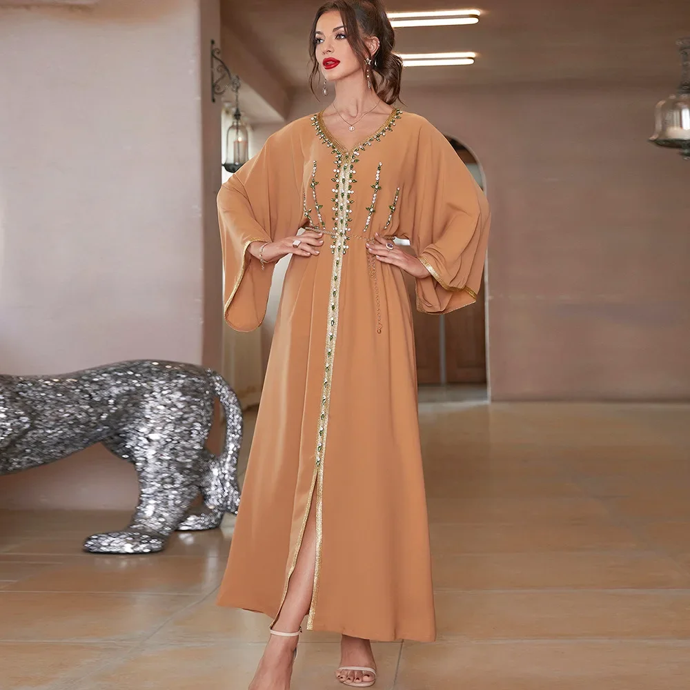 Robe Abaya Khaki Handsewn Diamond Sleeves Dress Elegant V-Neck Salwar Kameez Women Indian