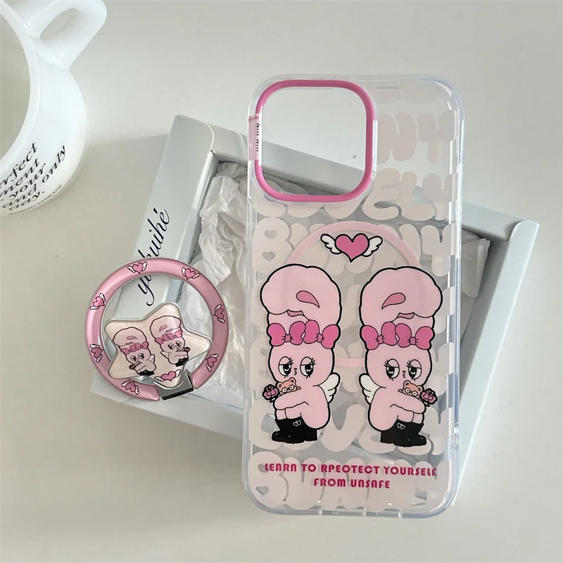 Korean Cute Pink Rabbit Magnetic Phone Case For iPhone 16 Pro 15 13 14 Pro Max Cover with Magsafe Stand Holder Grip Kawaii Cases