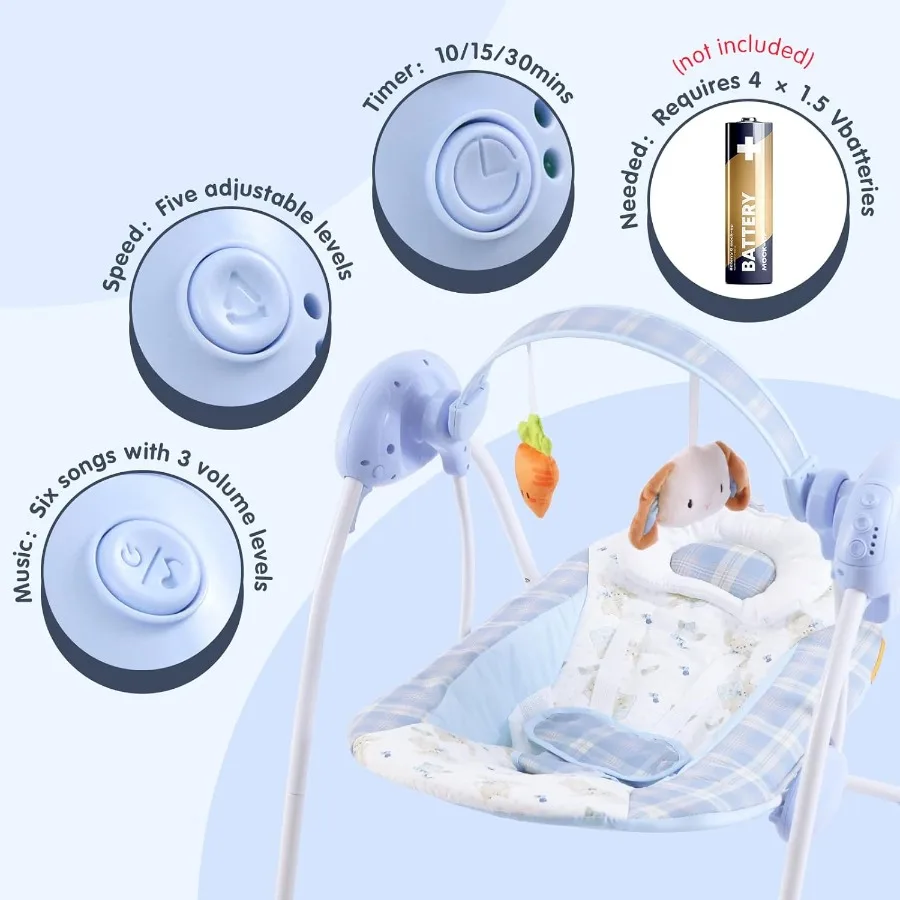 ポータブルベビーブランコ 乳児用（0～9ヶ月、6～20ポンド） コンパクトで折りたたみ可能、5段階の揺れ速度、音楽、タイマー、クッションシート、電池式