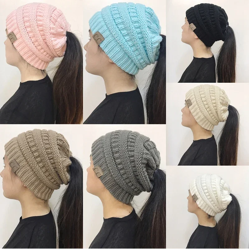 Women Ponytail Beanie Knitted Hat, Messy Bun Winter Skull Cap, Warm Stretchy Cable Knit Headwrap for Ladies Outdoor