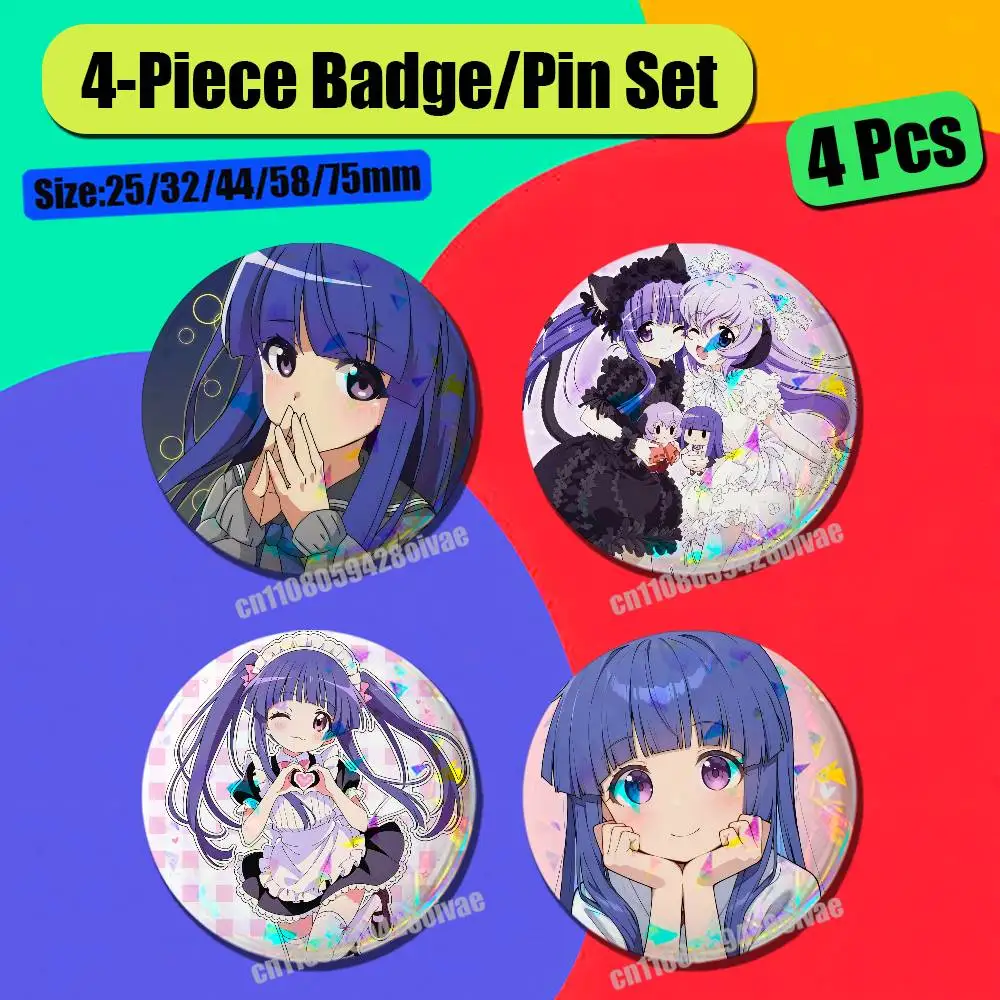 For H-Higurashi When They Cry Rika Furude Badge Pin Insignia 4 Pcs Set Round Button Emblem Laser Film Hats 58mm Custom