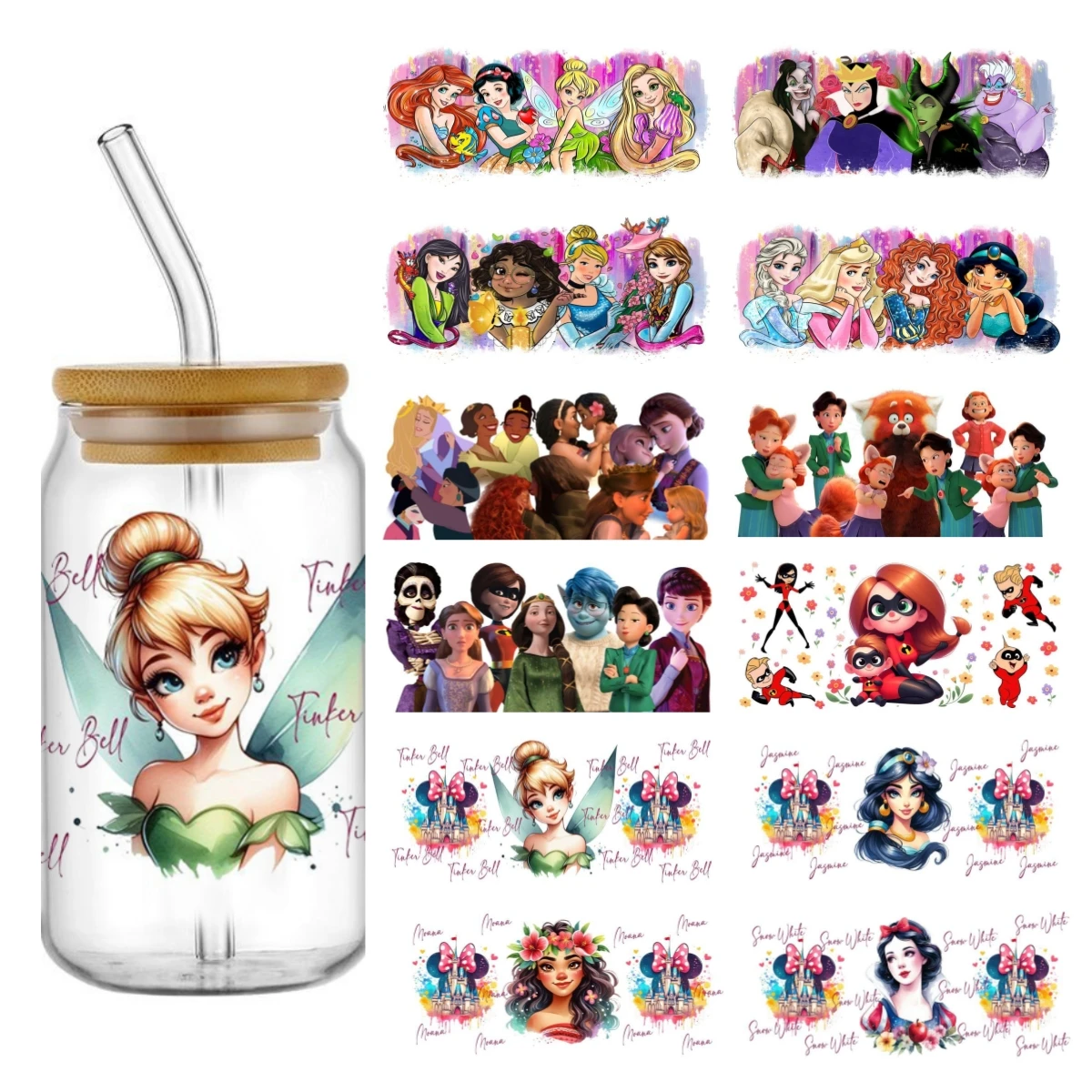 

cartoon Mixed princess Theme 16oz UV DTF Libbey Cup Wraps Strong Sticky Transfer Stickers