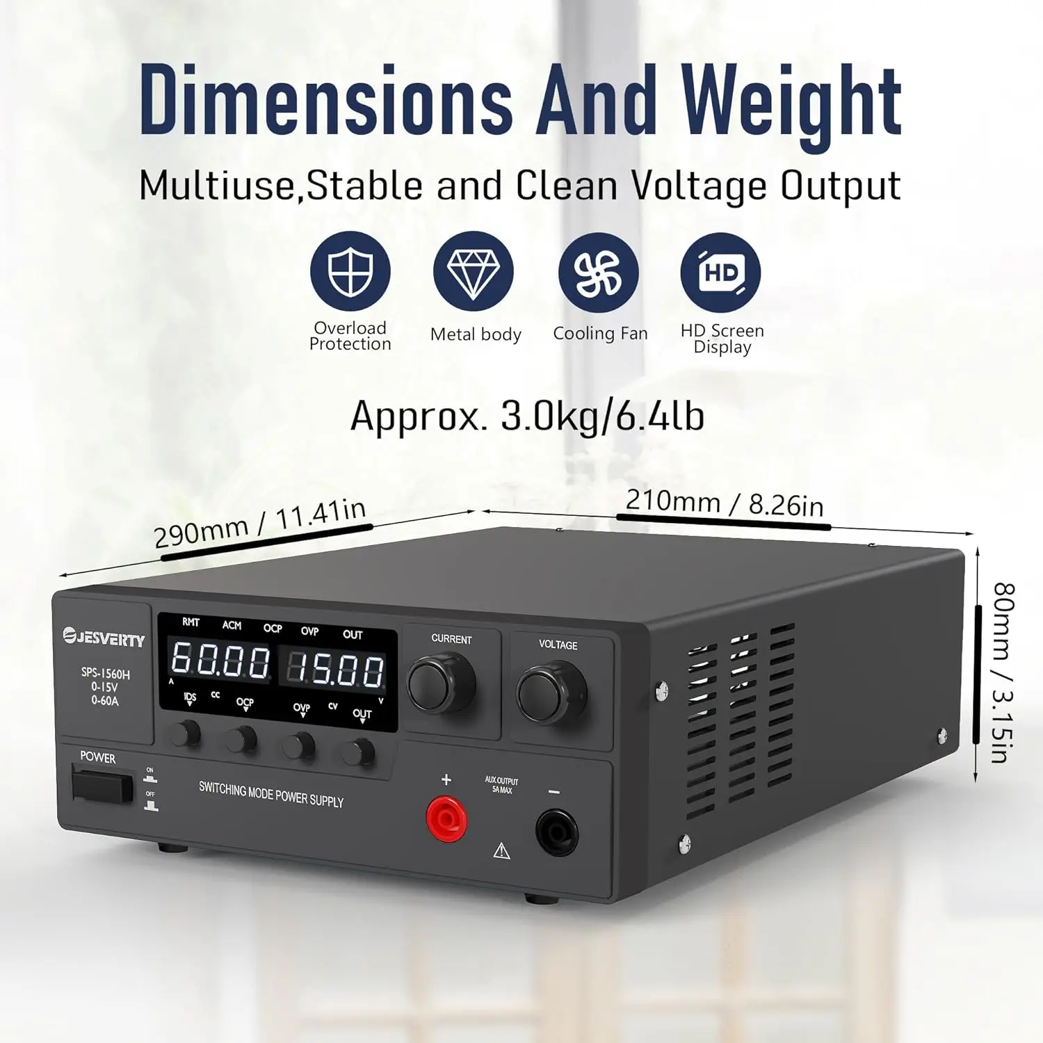DC 0-15V 0-60A 900W DC Regulated Bench Power Supply,Encoder Knob, Output On/Off Switch, 4-Digit LED Display, OVP & OCP, Aux