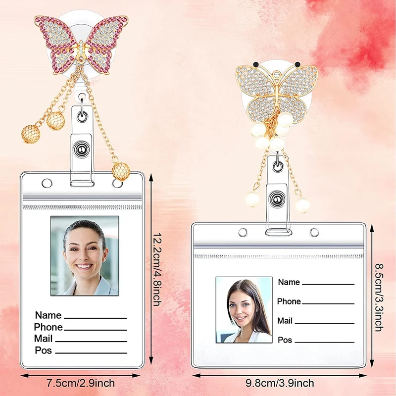 4Pcs Butterfly Retractable Badge Reel Set With 16 Transparent Waterproof ID Card Holder For Nurse Volunteer Student