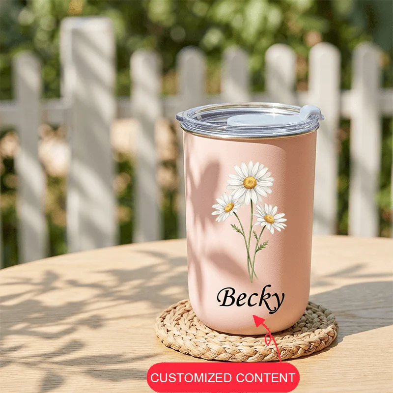 Birth Flower Custom Printed Tumbler, Double Wall Stainless Steel Coffee Cup with Lid, Sweet Gift for Ladies,Christmas Gift.