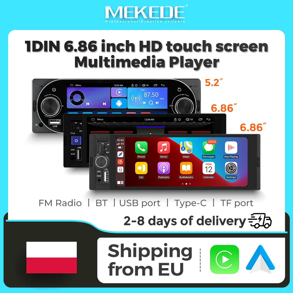 MEKEDE Autoradio 5,2 pouces 6,86 pouces 1 Din Lecteur MP5 Carplay sans fil Android Auto Lecteur multimédia de voiture Stéréo FM Alimentation ISO Entrée Aux USB Type-C BT Autoradio universel Prise en charge de la caméra de recul SWC Systèmes audio intelligents pour voiture