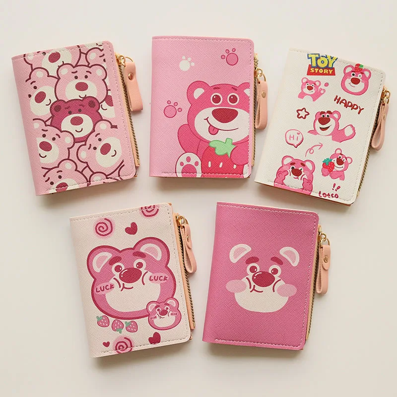 Cartoon TOY STORY Strawberry Bear Lotso Short Bifold Wallet PU Leather Short Wallet Cute Small Purse Bag Mini Handbag Gifts