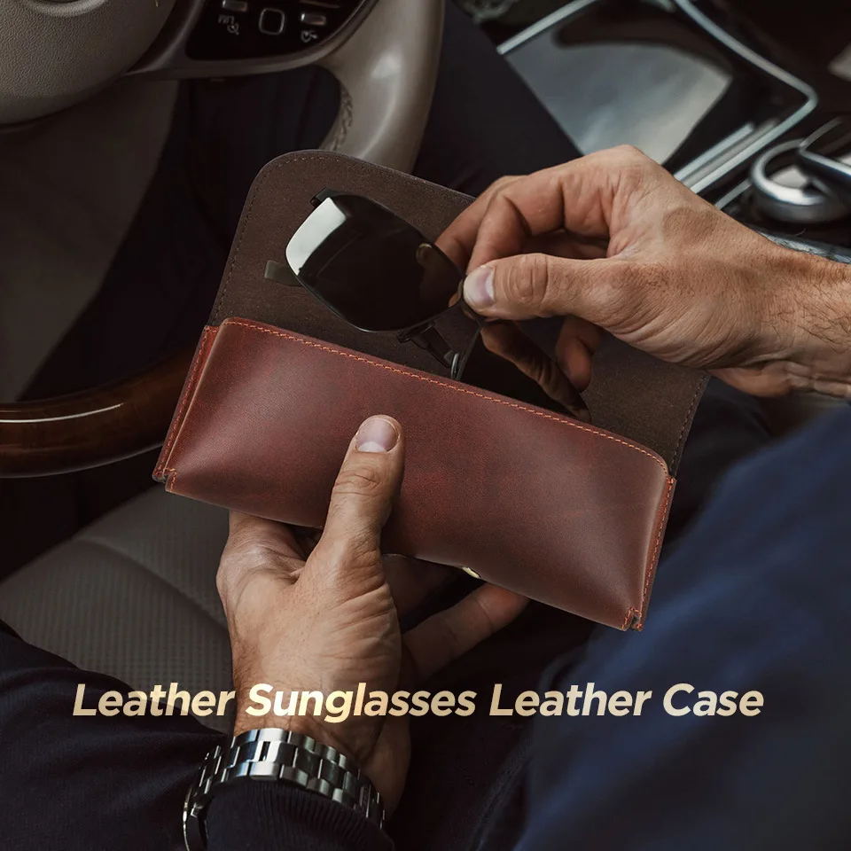 Vintage Glasses Soft Case Crazy Horse Cowhide Eyewear Case Snap Travel Portable  Brown Box Genuine Leather Sunglasses Organizer