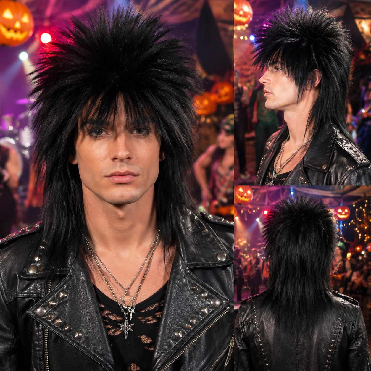 Black Fluffy Tall Spiky Mullet Synthetic Wig for Men, 80s Rock Glam Punk Wig, Rocker Hairpiece for Halloween Music Party
