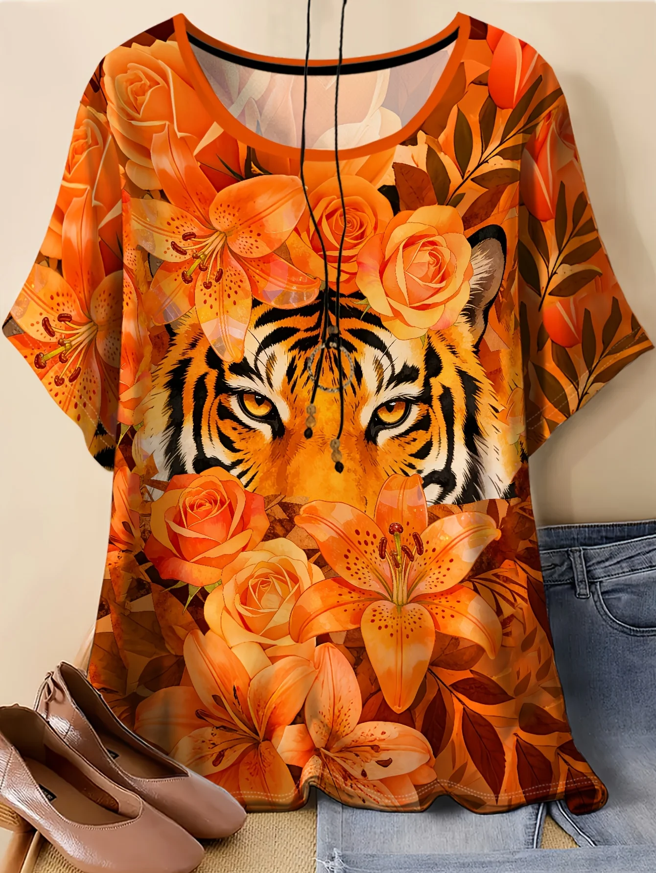 Women Crew Neck Short Sleeve T‑shirt Tiger Face Orange Rose Lily Floral Print Summer Casual Graphic Tops
