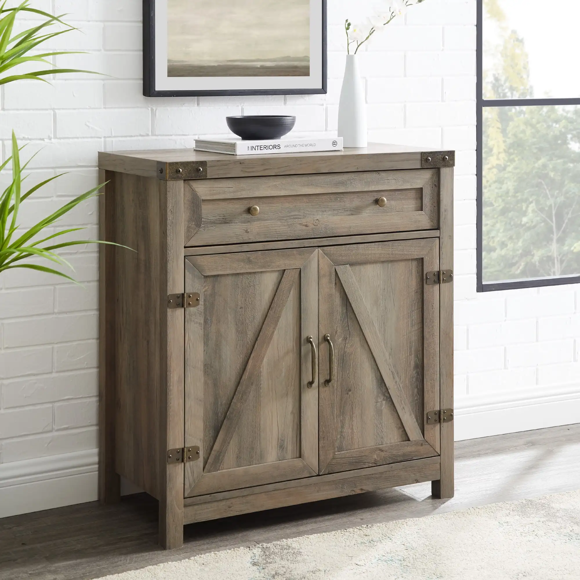 Edison Sliding Barn Door Accent Cabinet, Grey Wash Drawers to store things like car keys, notebooks, or phone bills