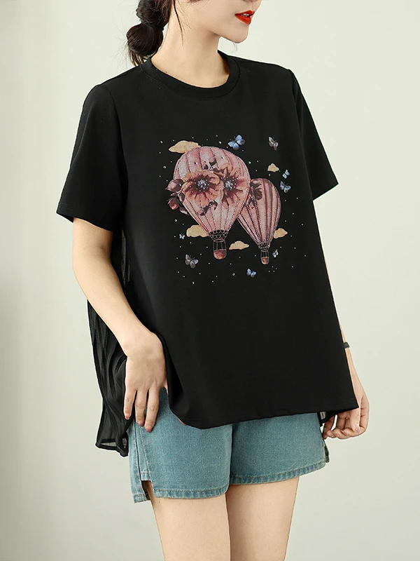 ort Sve T-irt レディース 夏新作 韓国風 ラウンドネック バルーンプリント シフォン プリーツ スプライシング 細見えトップス
